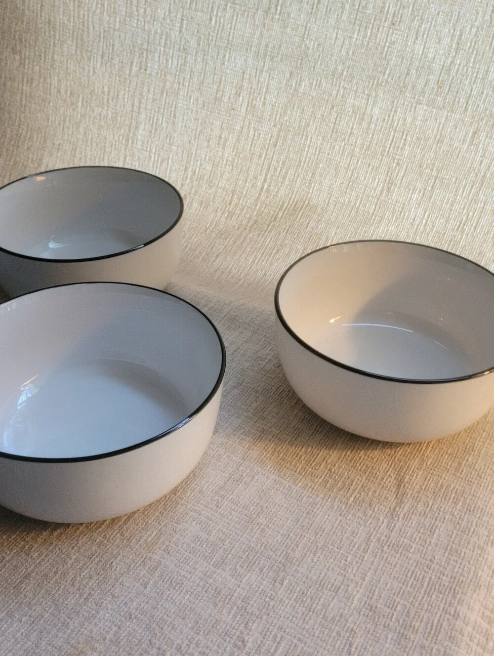 Sur La Table White Ceramic Bowls with Black Trim - Set of 3. Excellent